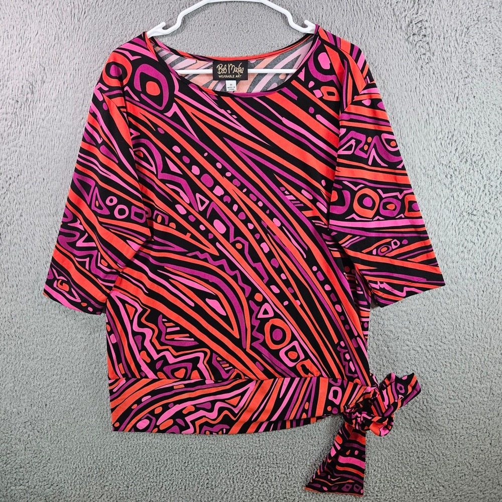 Bob Mackie Wearable Art Tunic Top Women's Sz M Abstract Side Tie 3/4 Sleeve